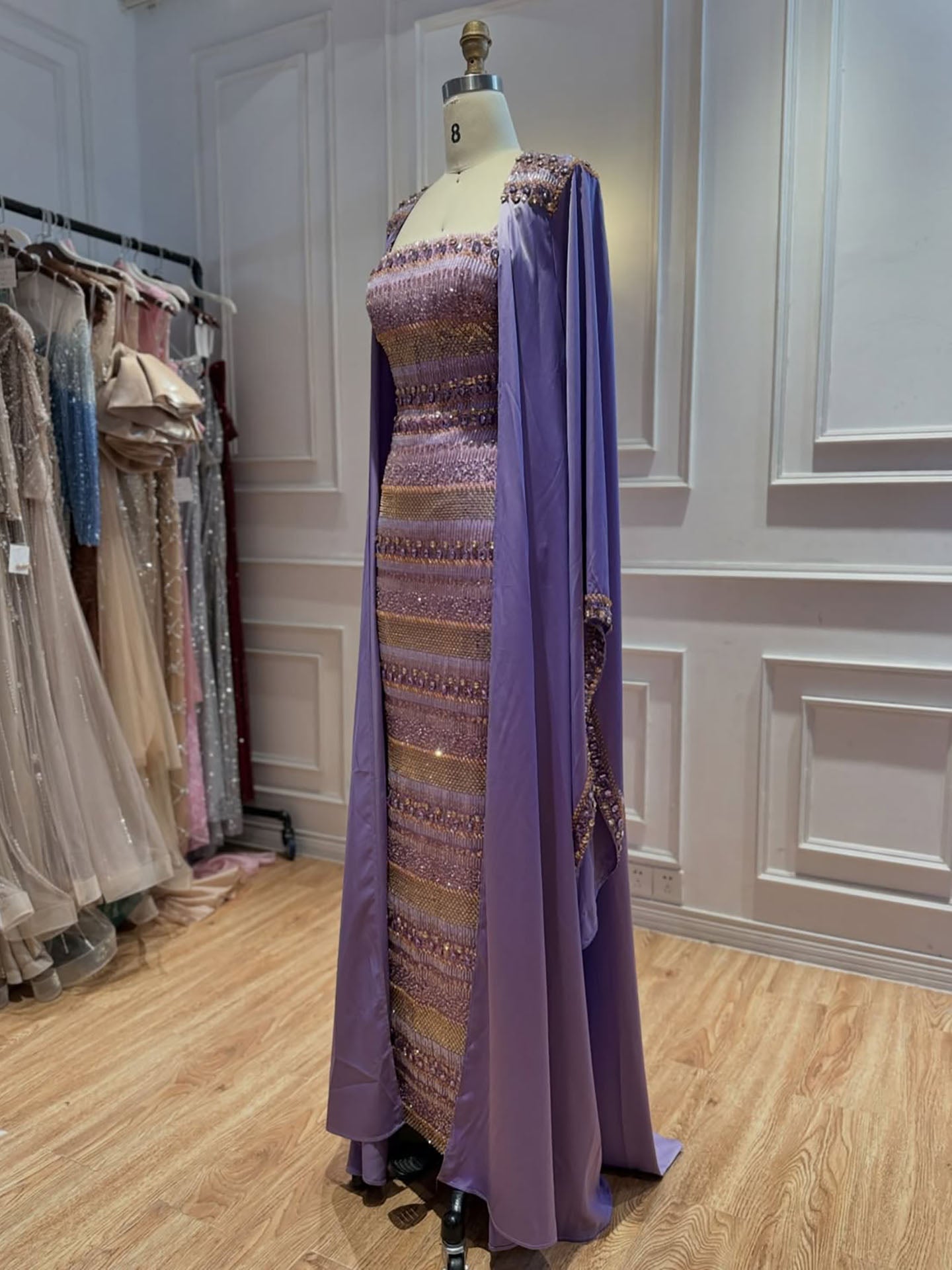 Luxury Nude Crystal Beaded Mermaid Evening Dress with Cape LA73941