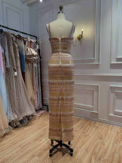 Luxury Nude Crystal Beaded Mermaid Evening Dress with Cape LA73941