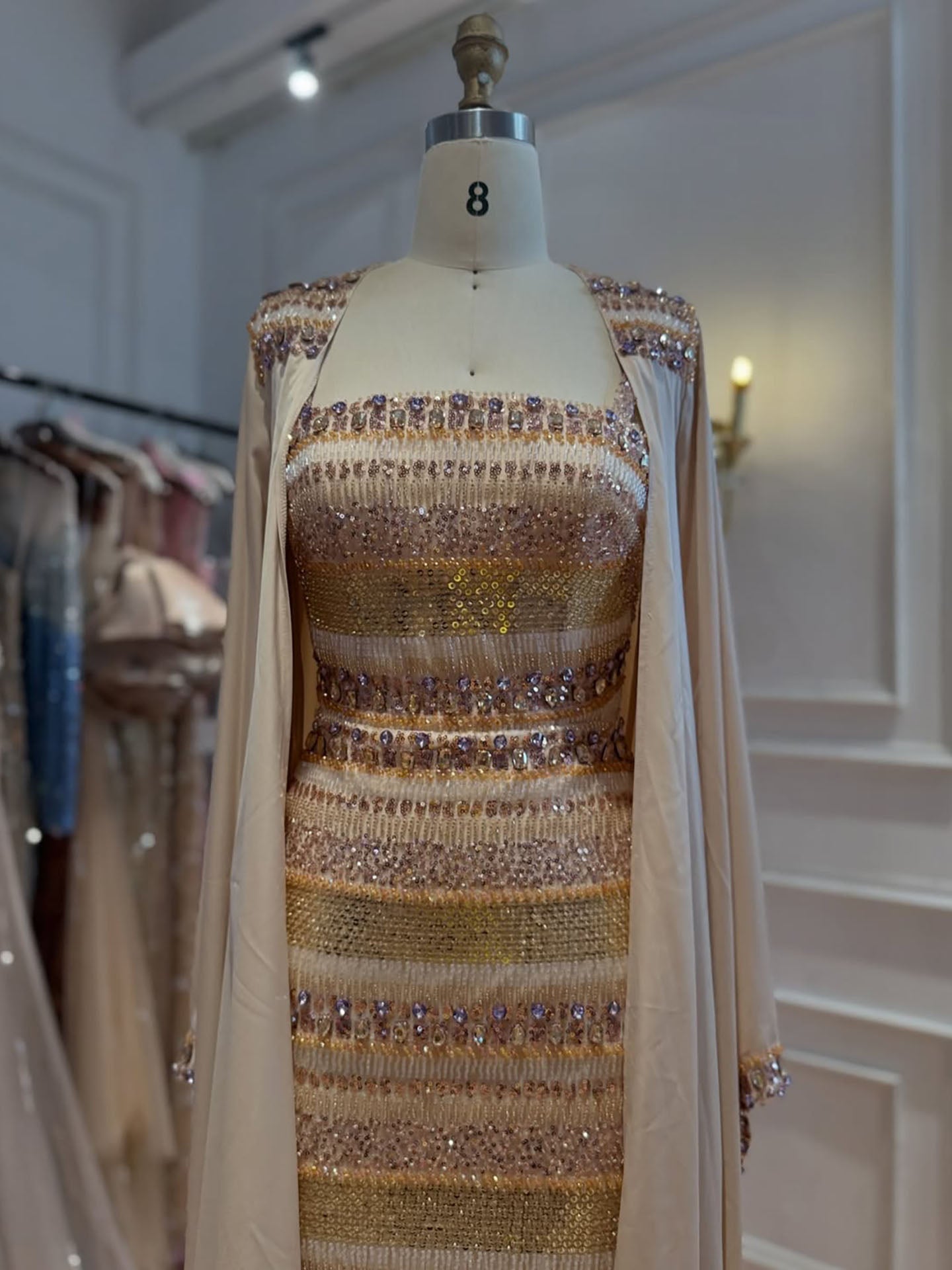 Luxury Nude Crystal Beaded Mermaid Evening Dress with Cape LA73941