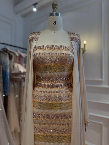 Luxury Nude Crystal Beaded Mermaid Evening Dress with Cape LA73941