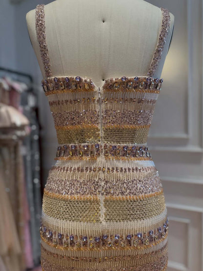 Luxury Nude Crystal Beaded Mermaid Evening Dress with Cape LA73941