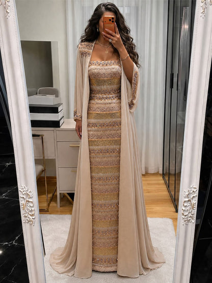 Luxury Nude Crystal Beaded Mermaid Evening Dress with Cape LA73941