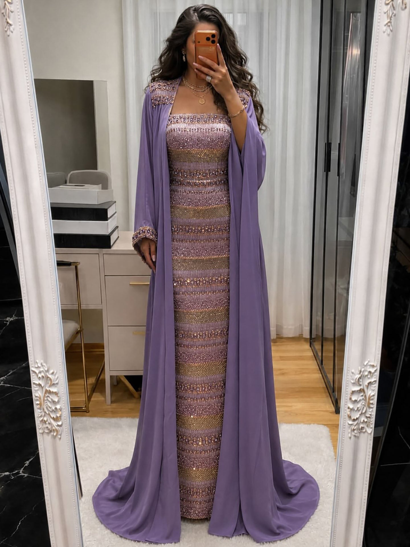 Luxury Nude Crystal Beaded Mermaid Evening Dress with Cape LA73941