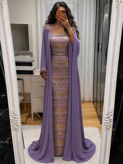 Luxury Nude Crystal Beaded Mermaid Evening Dress with Cape LA73941