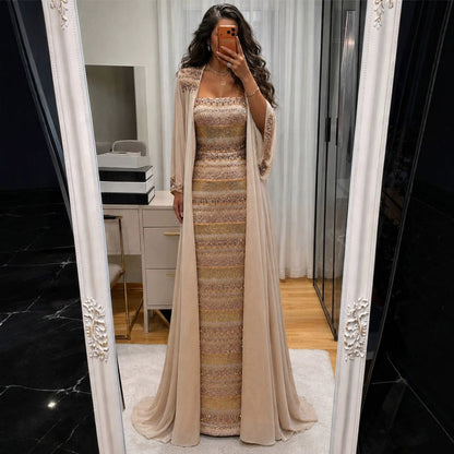 Luxury Nude Crystal Beaded Mermaid Evening Dress with Cape LA73941