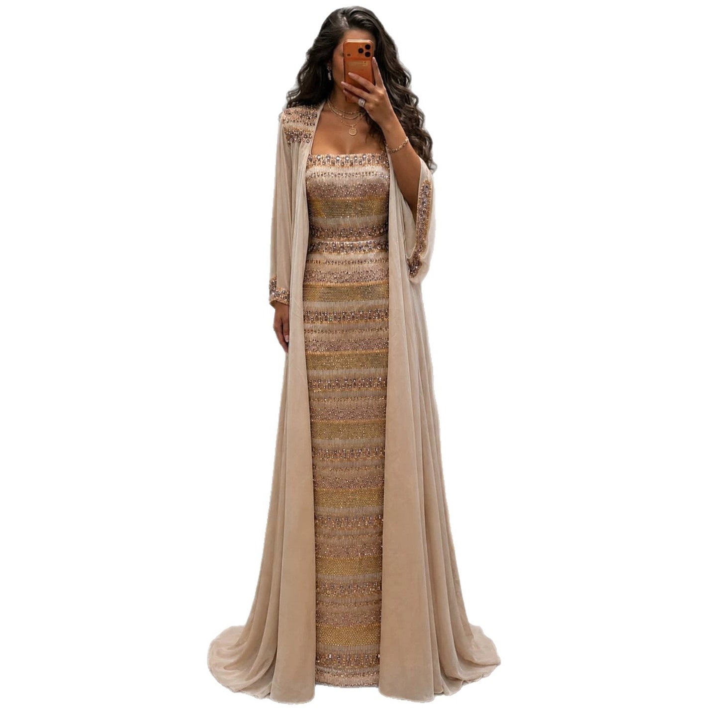 Luxury Nude Crystal Beaded Mermaid Evening Dress with Cape LA73941