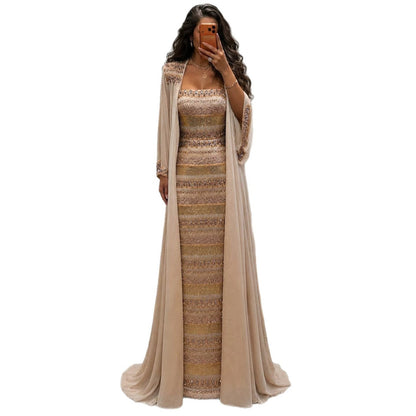 Luxury Nude Crystal Beaded Mermaid Evening Dress with Cape LA73941