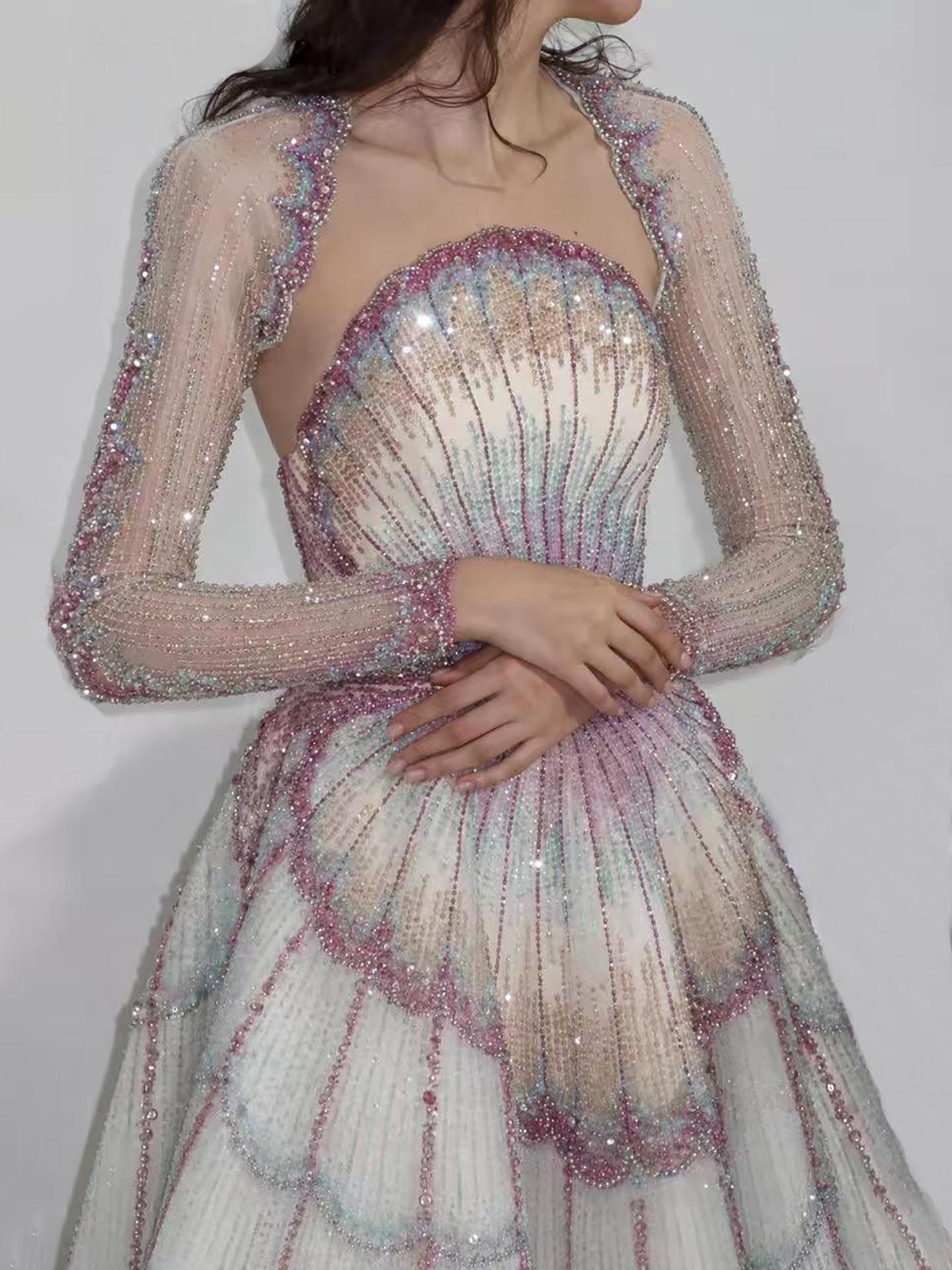 Luxury Multicolor Shell Beaded Off-Shoulder A-Line Evening Dress LA73943