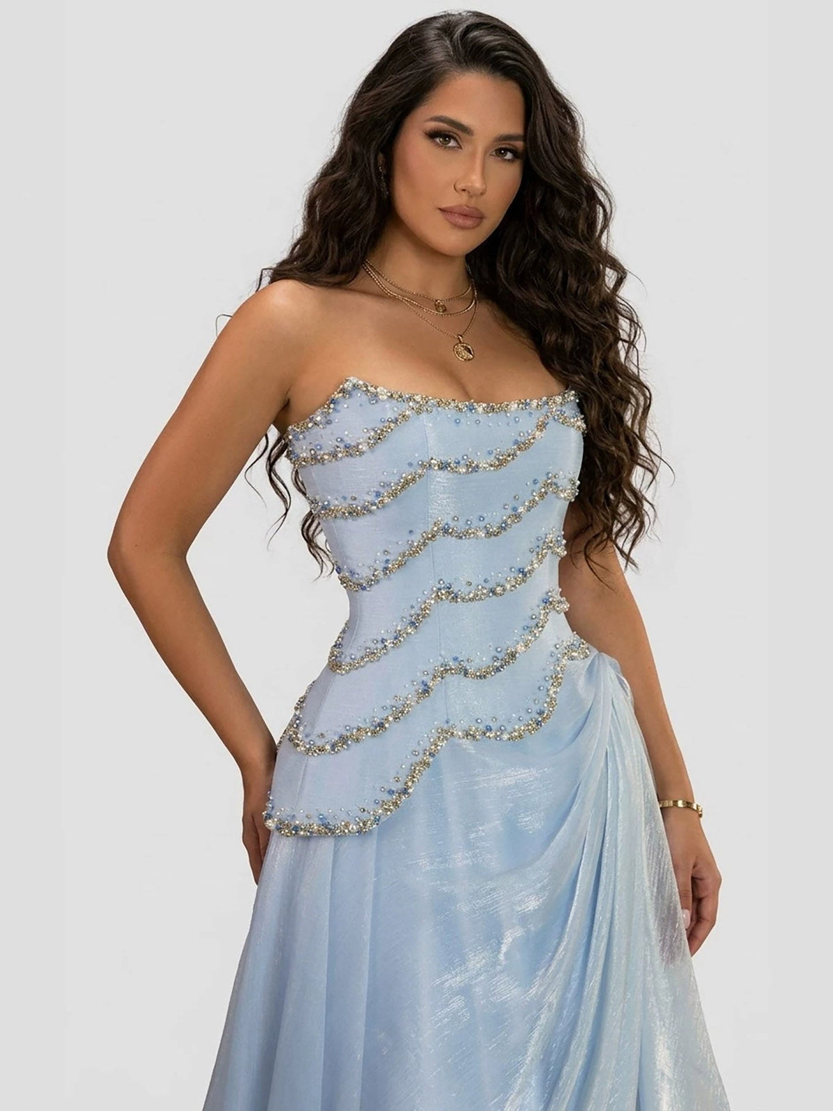 Luxury Light Blue Strapless Beaded Corset Evening Dress LA73944
