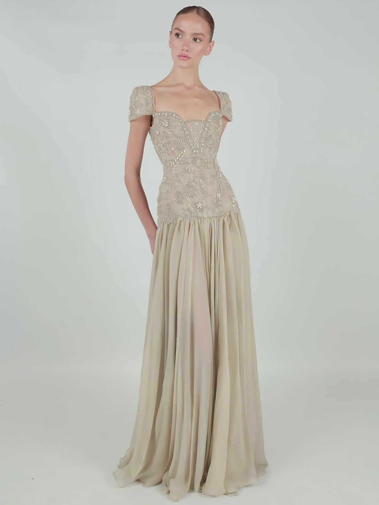 Luxury Caramel Beaded Cap Sleeve Chiffon A Line Evening Dress LA73947
