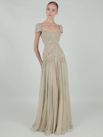 Luxury Caramel Beaded Cap Sleeve Chiffon A Line Evening Dress LA73947