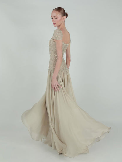Luxury Caramel Beaded Cap Sleeve Chiffon A Line Evening Dress LA73947
