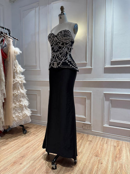 Luxury Black Crystal Beaded Peplum Mermaid Evening Dress LA73949