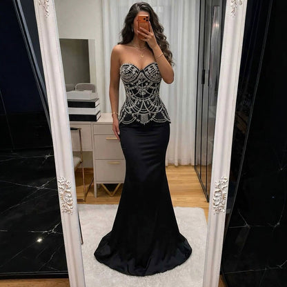 Luxury Black Crystal Beaded Peplum Mermaid Evening Dress LA73949