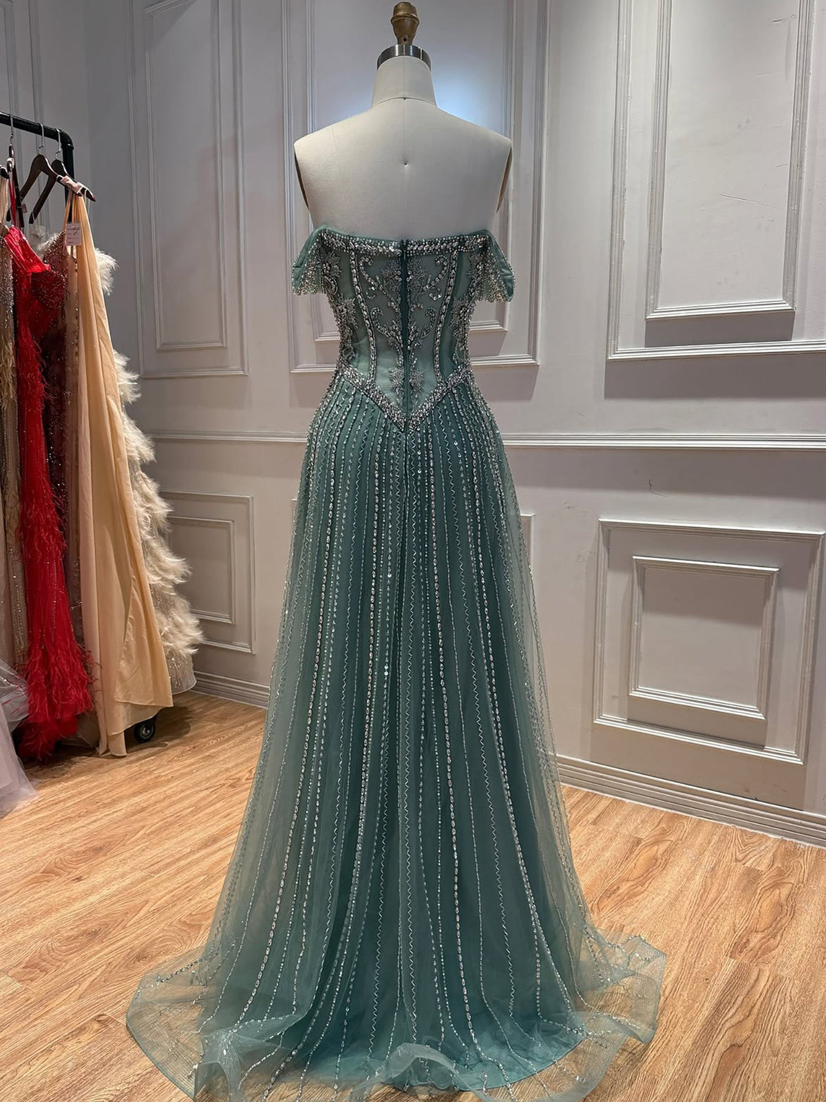 Luxury Caramel Crystal Beaded Off Shoulder A Line Evening Dress LA73951