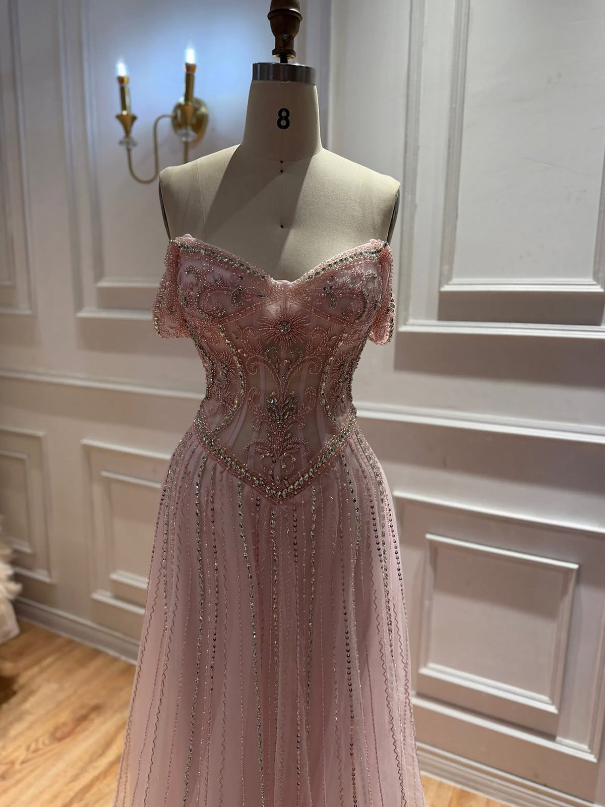 Luxury Caramel Crystal Beaded Off Shoulder A Line Evening Dress LA73951