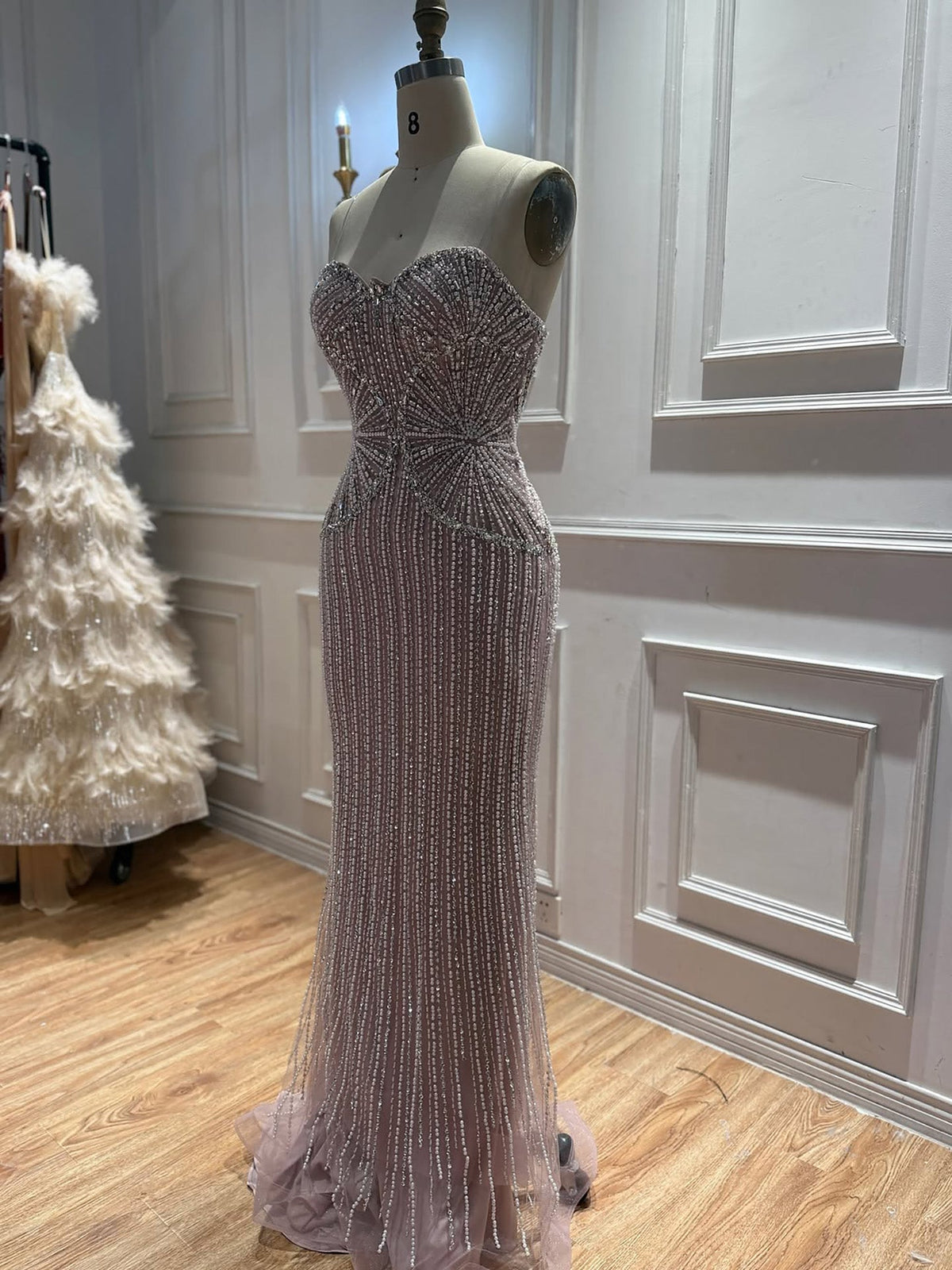 Luxury Navy Blue Strapless Beaded Mermaid Evening Dress LA73952