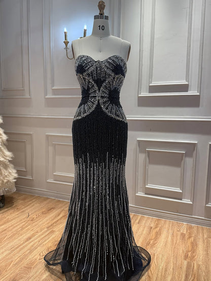 Luxury Black Strapless Beaded Mermaid Evening Dress LA73952