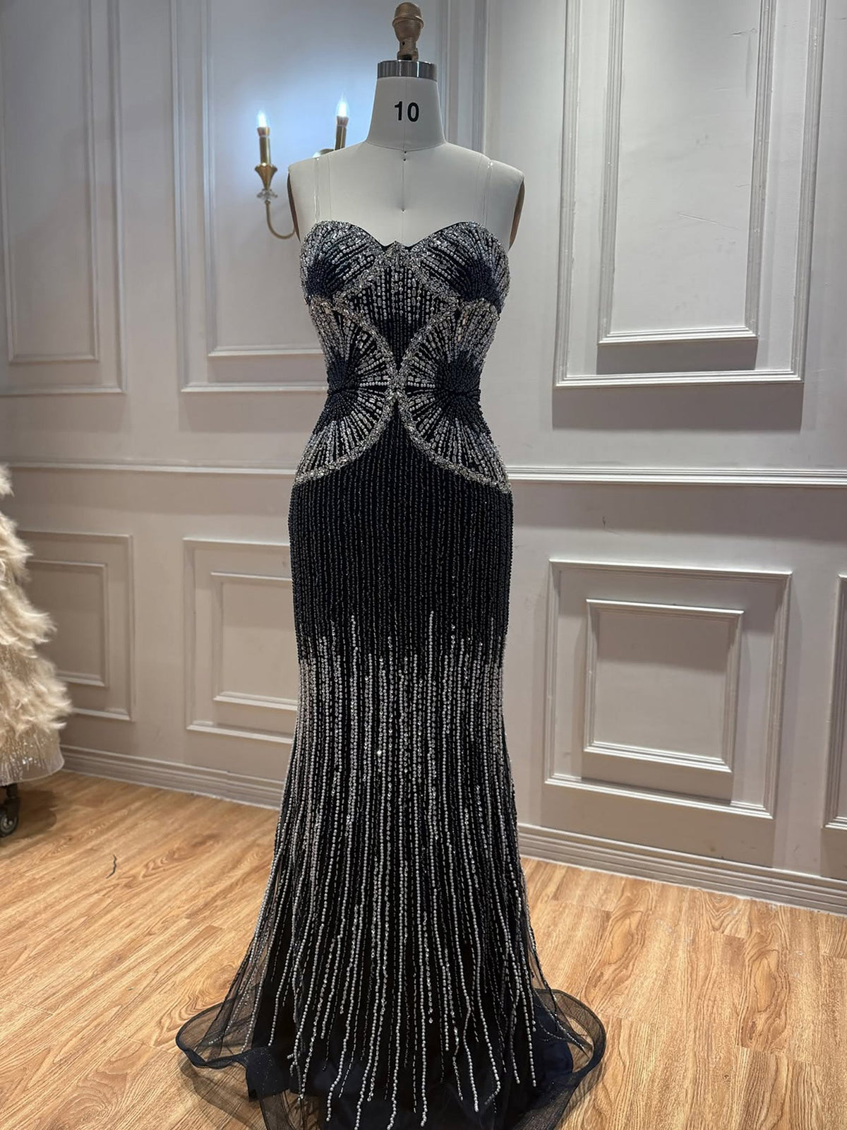 Luxury Navy Blue Strapless Beaded Mermaid Evening Dress LA73952