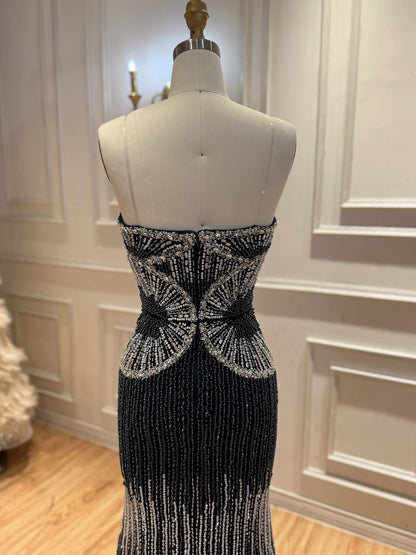 Luxury Navy Blue Strapless Beaded Mermaid Evening Dress LA73952