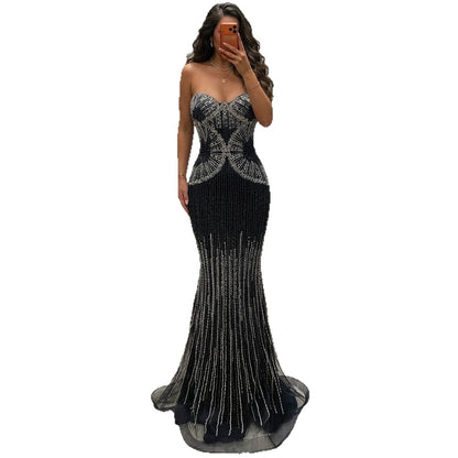Luxury Navy Blue Strapless Beaded Mermaid Evening Dress LA73952