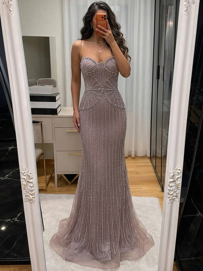 Luxury Navy Blue Strapless Beaded Mermaid Evening Dress LA73952