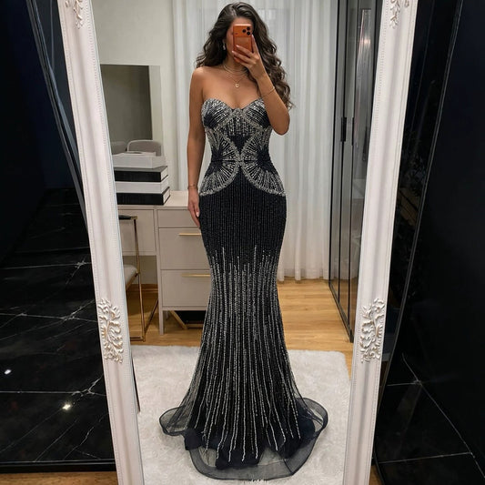 Luxury Navy Blue Strapless Beaded Mermaid Evening Dress LA73952