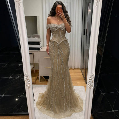 Luxury Nude Crystal Beaded Corset Mermaid Evening Dress LA73954