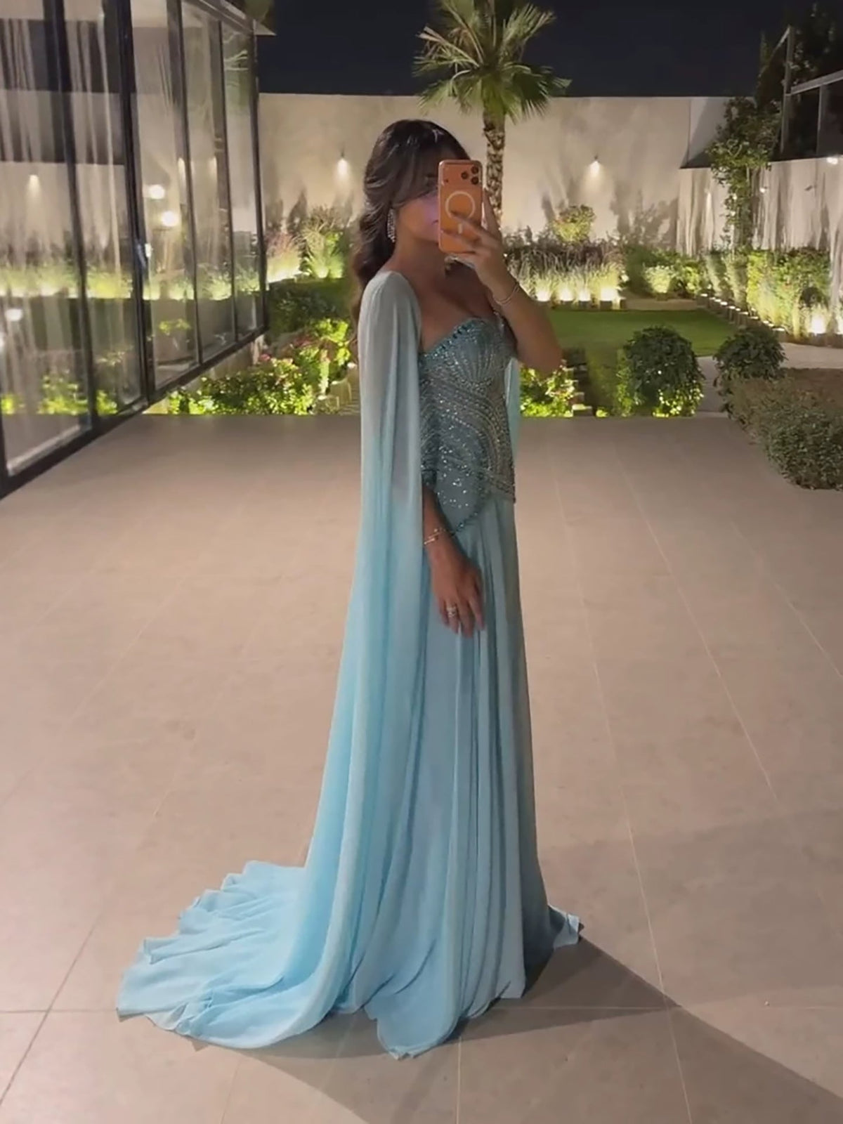 Luxury Blue Beaded A Line Evening Dress with Cape Sleeves LA73957