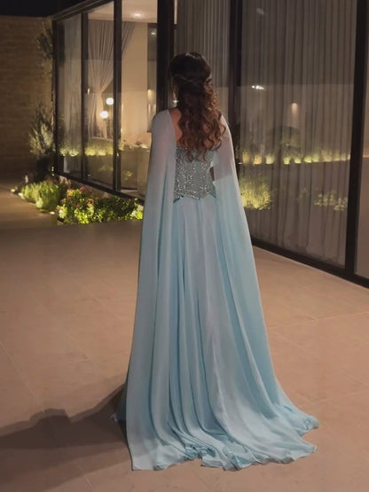 Luxury Blue Beaded A Line Evening Dress with Cape Sleeves LA73957