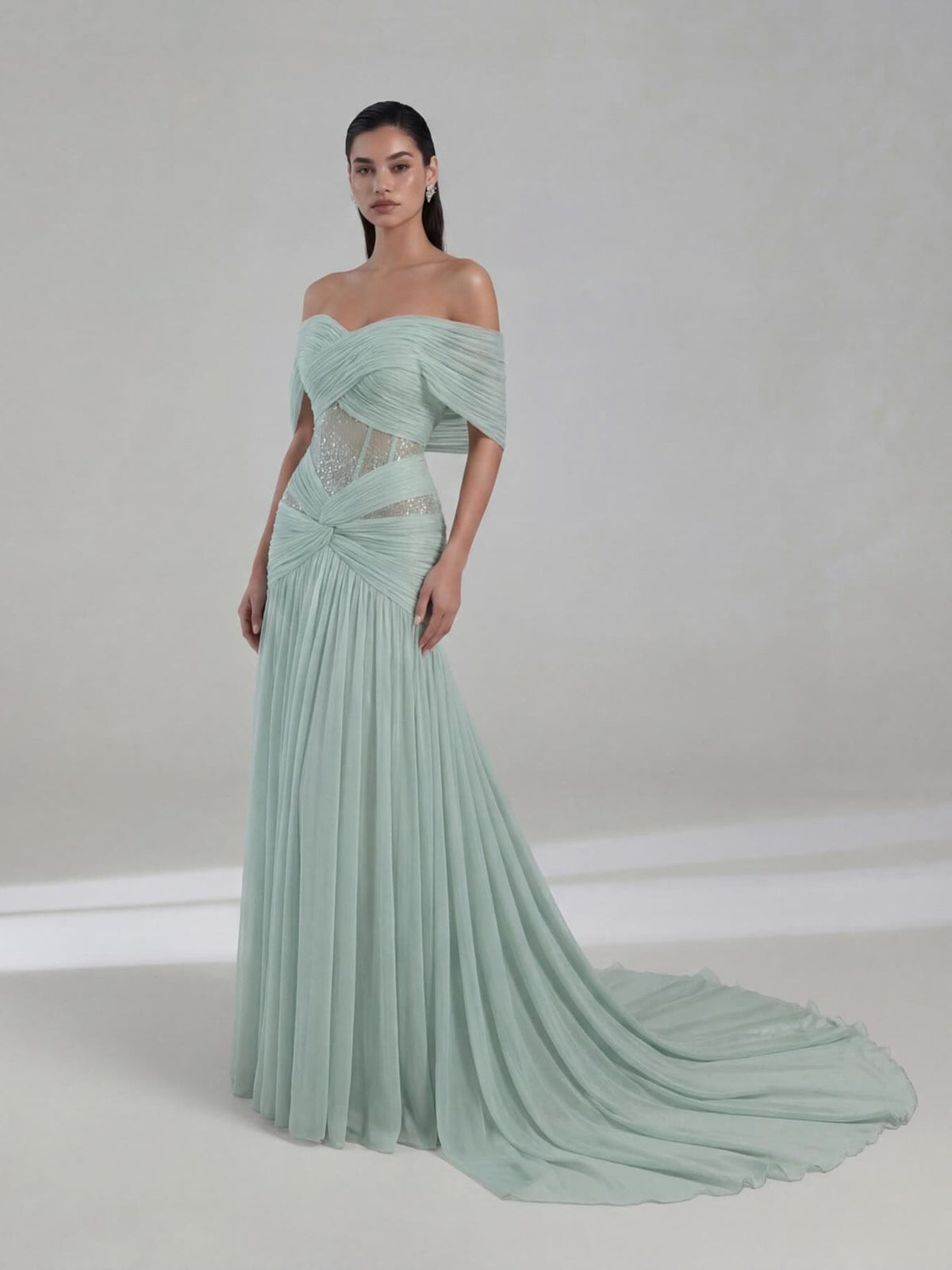 Luxury Sage Green Beaded Off Shoulder Chiffon A Line Dress LA73958