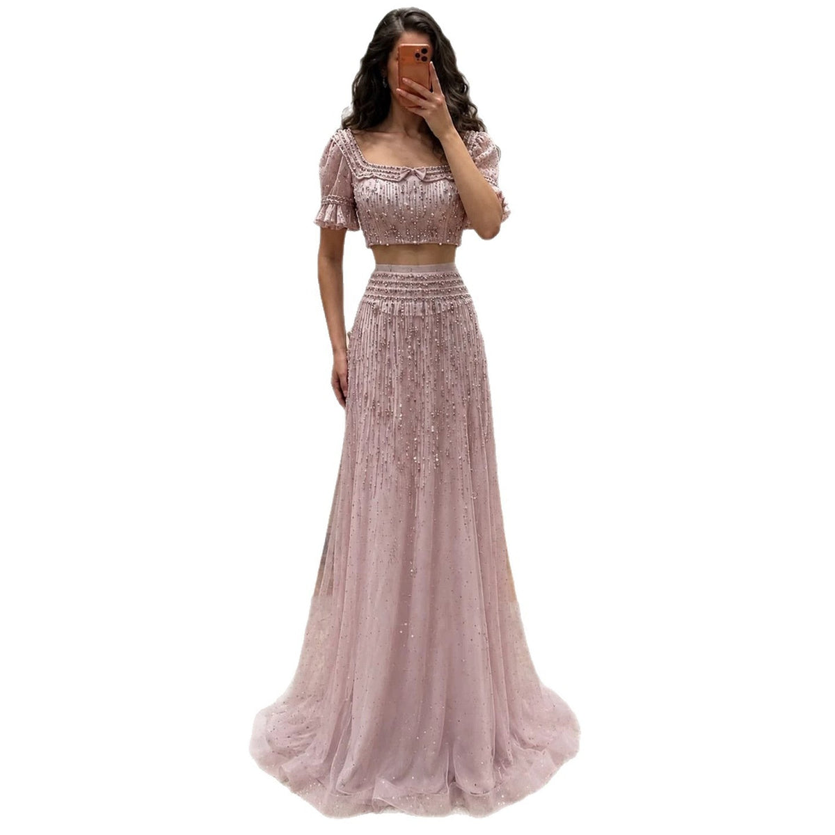 Pink Crystal Beaded Two Piece A Line Evening Dress LA73960