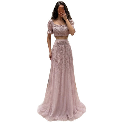 Pink Crystal Beaded Two Piece A Line Evening Dress LA73960