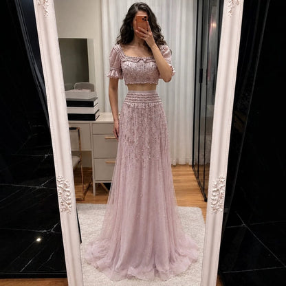 Pink Crystal Beaded Two Piece A Line Evening Dress LA73960