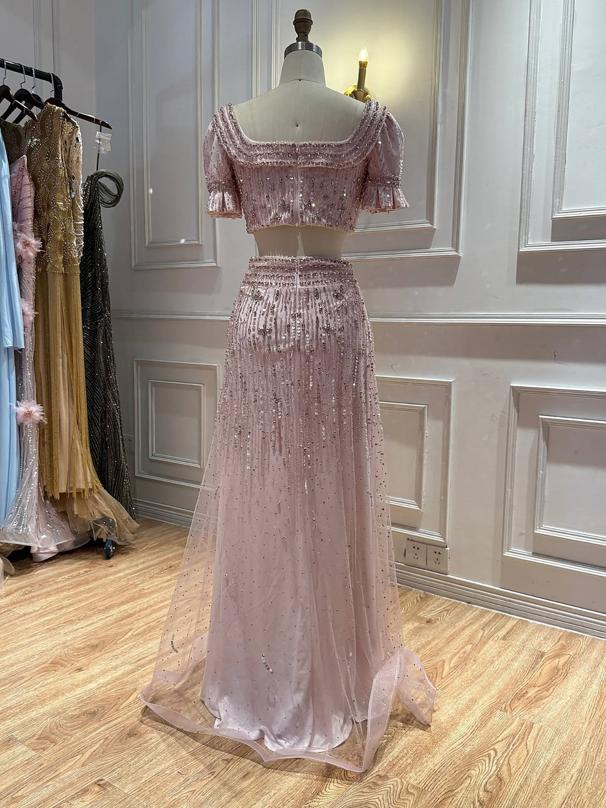 Pink Crystal Beaded Two Piece A Line Evening Dress LA73960