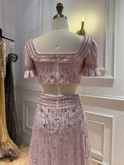 Pink Crystal Beaded Two Piece A Line Evening Dress LA73960