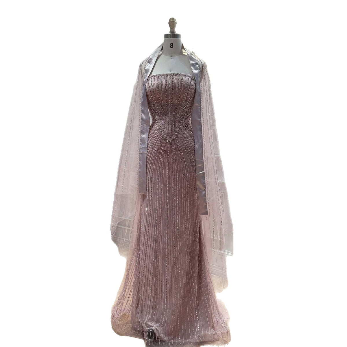 Pink Crystal Beaded Mermaid Evening Dress With Shawl LA73961