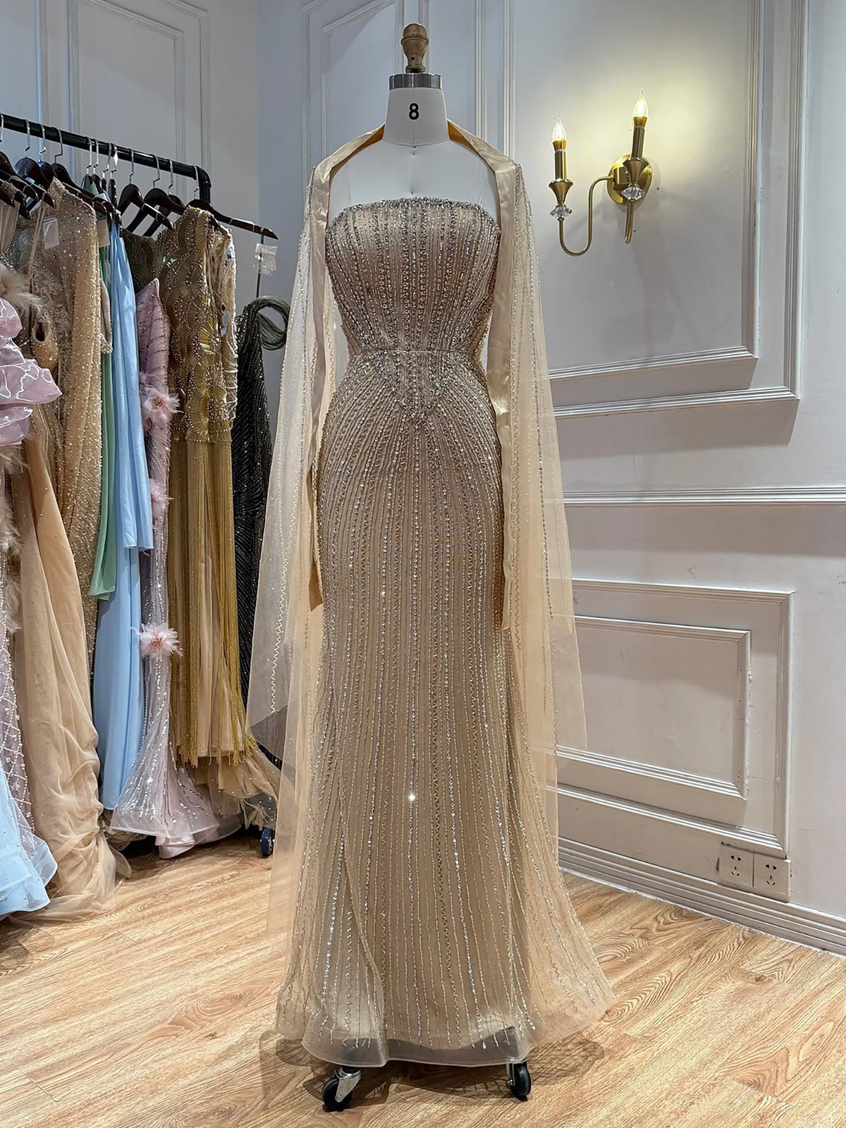 Pink Crystal Beaded Mermaid Evening Dress With Shawl LA73961