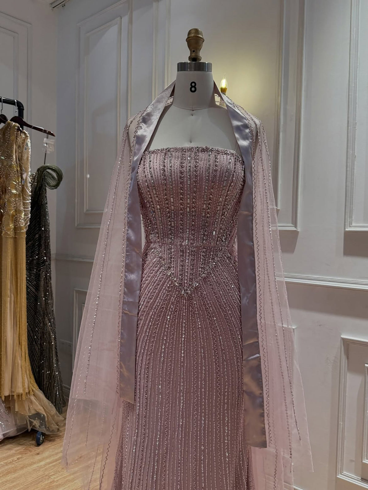 Pink Crystal Beaded Mermaid Evening Dress With Shawl LA73961