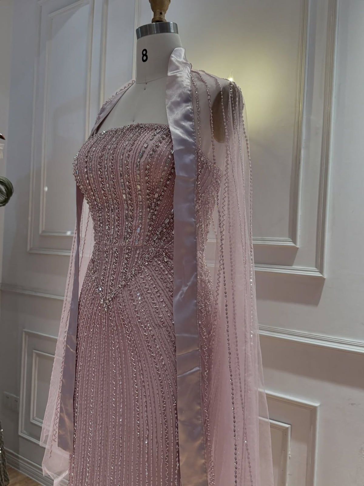 Pink Crystal Beaded Mermaid Evening Dress With Shawl LA73961