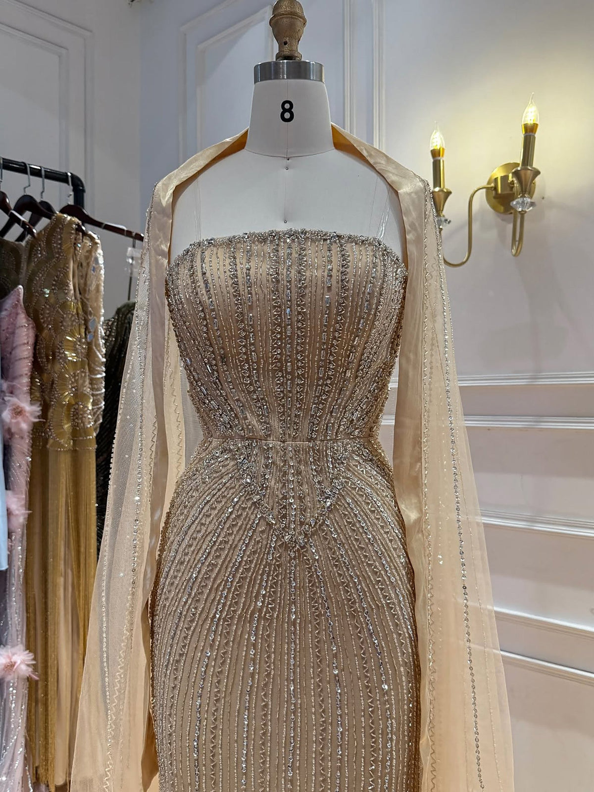 Pink Crystal Beaded Mermaid Evening Dress With Shawl LA73961