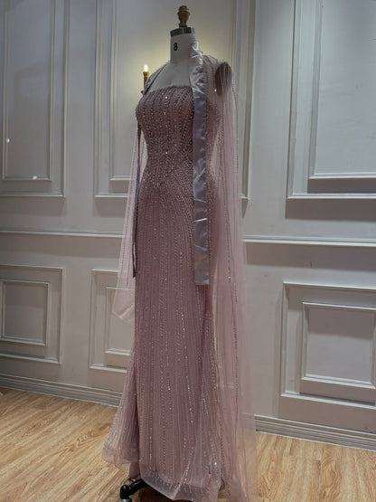 Pink Crystal Beaded Mermaid Evening Dress With Shawl LA73961