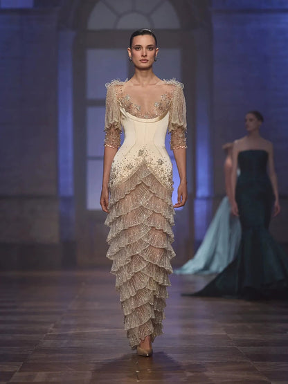 Luxury Beige Beaded Half Sleeve Tiered Mermaid Evening Dress LA73965