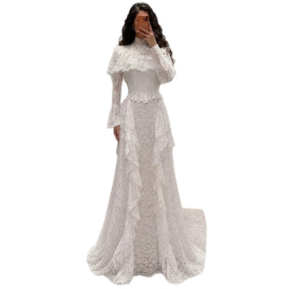 White High Neck Long Sleeve Lace Ruffle A Line Dress LA73968
