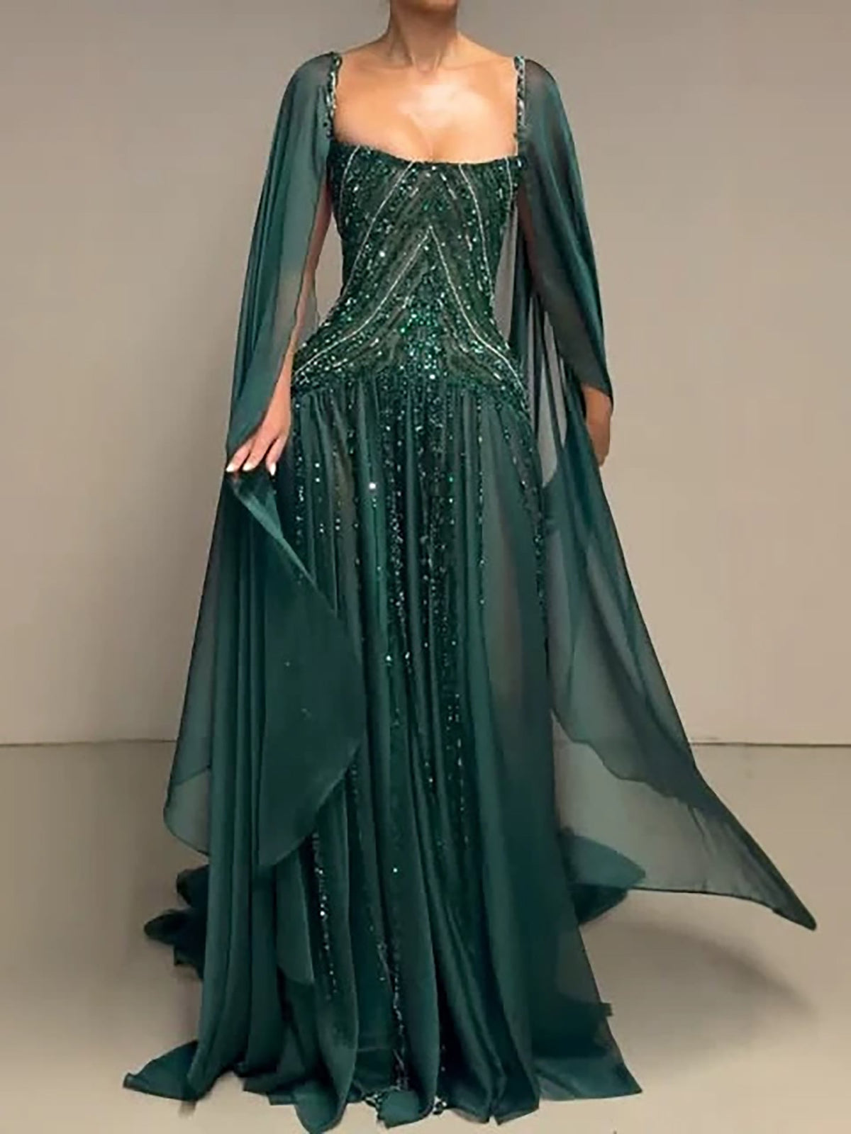 Luxury Green Beaded Cape Sleeves A Line Evening Dress LA73969