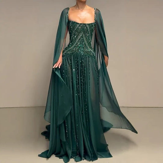 Luxury Green Beaded Cape Sleeves A Line Evening Dress LA73969