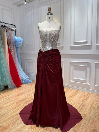 Luxury Wine Red Beaded Strapless Mermaid Evening Gown LA73970