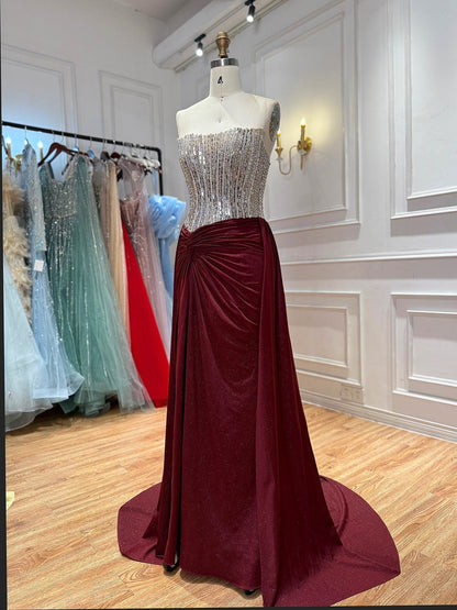 Luxury Wine Red Beaded Strapless Mermaid Evening Gown LA73970