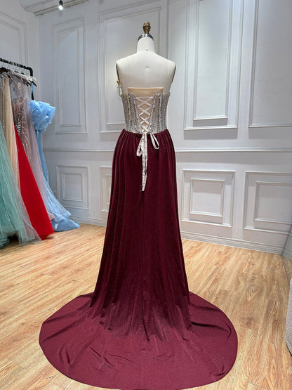 Luxury Wine Red Beaded Strapless Mermaid Evening Gown LA73970