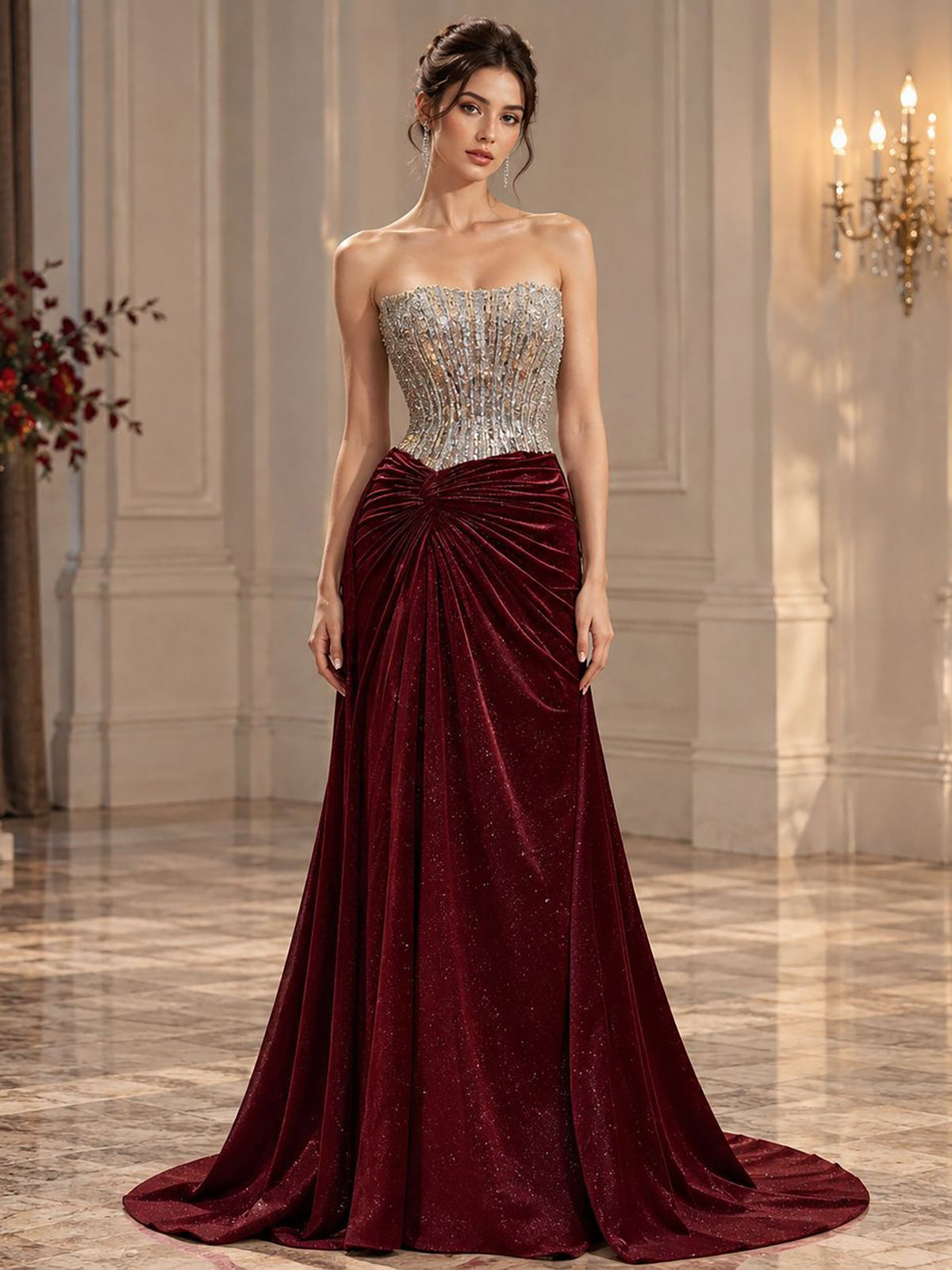 Luxury Wine Red Beaded Strapless Mermaid Evening Gown LA73970
